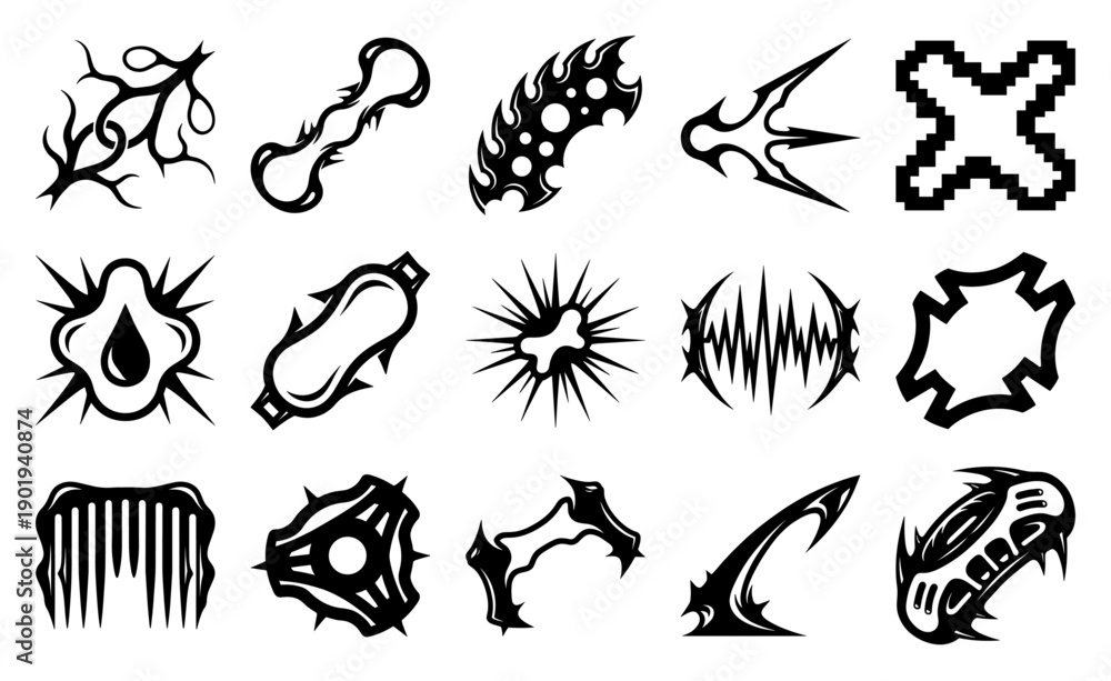Fototapeta premium Aggressive Y2K Cyber Sigilism Abstract Graphic Asset Sheet for Neopunk Streetwear and Digital Edits