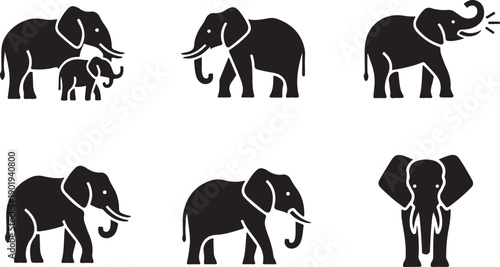 Six black silhouettes of elephants in various poses on a white background