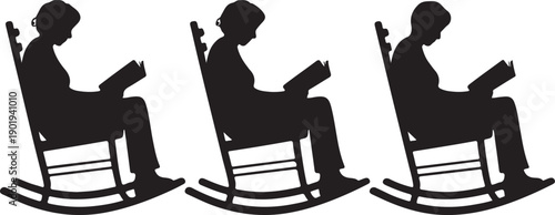 Silhouette of people sitting on rocking chairs reading books in different positions
