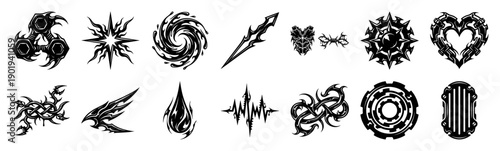 Neo-Tribal Cyberpunk Sigil Ornament Asset Sheet for Dark Techno Branding and Edgy Apparel Design