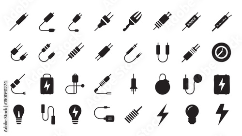 Electric Plug Icons with Lightning Bolts on White Background