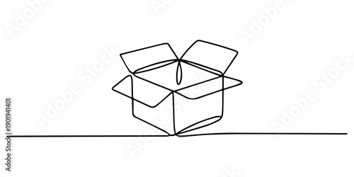 Single line art illustration of stack cardboard boxes. one line Art icon drawing vector, Open cardboard box outline with arrow and abstract design elements, no editable stroke, Packed box in one line.