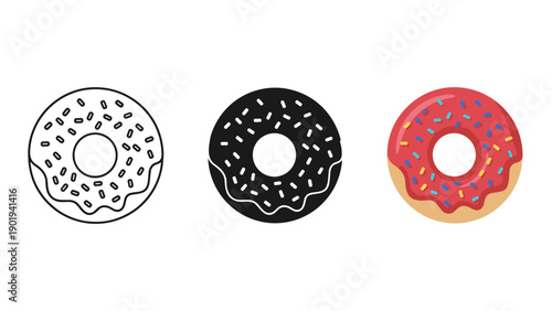 Three donuts with different toppings are shown Vector