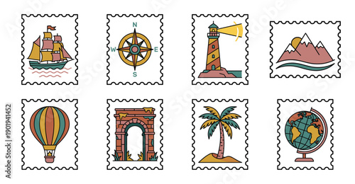 Vintage Flat Line Art Nautical and Exploration Postage Stamp Collection for Travel Stationery