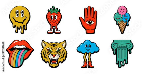 Retro Psychedelic Pop Art Sticker Set, Vector Illustration
