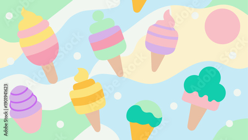 Pastel ice cream cones on wavy background