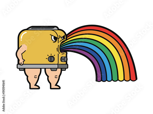 Funny cartoon toaster ejecting a rainbow