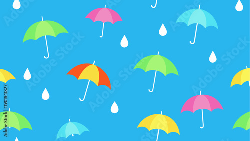 Pattern of colorful umbrellas and raindrops