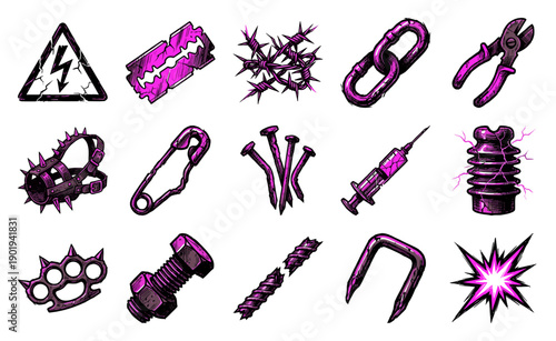 Gritty Hand-Drawn Cyberpunk Industrial Elements Graphic Set for Edgy Underground Streetwear Aesthetics