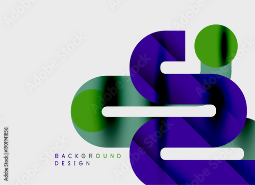 Abstract design features purple, green shapes. Overlapping layers create dynamic visual effect. Minimalist background enhances bold forms.