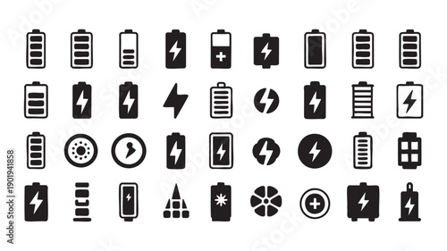 Battery Icons Set with Lightning Bolts and Charging Symbols