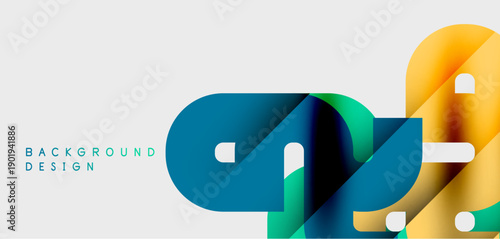 Abstract geometric shapes, vibrant colors, modern design. Gradient blends create dynamic visual effect. Clean background enhances composition.