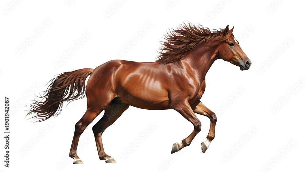 Fototapeta premium A brown horse running in the field with a galloping posture isolated on transparent background