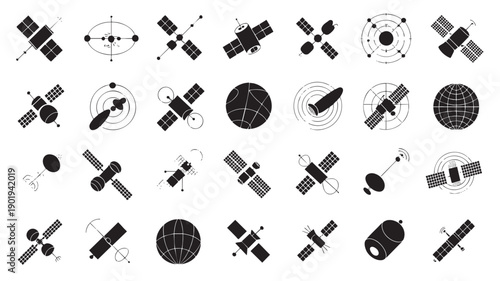 Satellite Icons Set with Various Spacecraft and Orbits on White Background