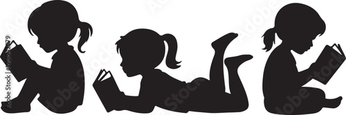 Silhouettes of children reading books in different positions