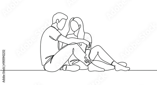 Line drawing of a couple sitting close together with arms around each other on a transparent background, expressing affection and intimacy in a minimalist style.