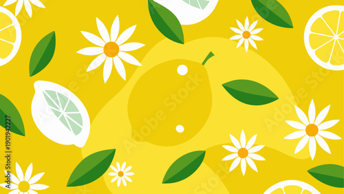 Lemon and daisy pattern on yellow background