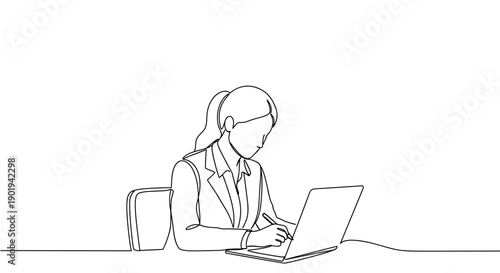 Line drawing of a woman working from home on a laptop at a desk with a coffee cup on a transparent background