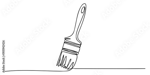 Paintbrush continuous line art, One continuous line of a paint brush for painting. Line art of a tool with a wooden handle and thick bristles, Drawing in one line style with a black stroke on a white.