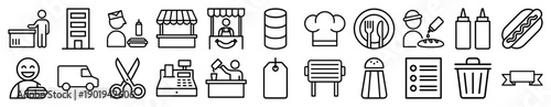 Street food and hot dog business line icon set. Vector pictograms of vendor, cart, stand, chef hat, hot dog, condiment bottles, grill, and menu, thin outline illustration.