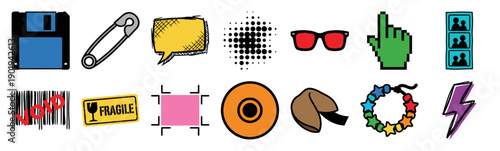 Hand-drawn retro pop art doodle sticker set featuring 90s nostalgia elements for trendy youth culture design