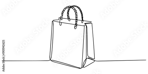 Continuous one line drawing of shopping bag illustration, Paper bag single line art vector illustration, A single, continuous line drawing portrays a simple shopping bag, elegantly rendered, Shopping.