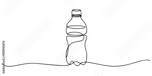 Single one line drawing of a minimalist design pair of mineral water bottles isolated on white background, Bottle of Water sketch. Continuous one simple line drawing. Plastic waste, Fresh Soda or pro.