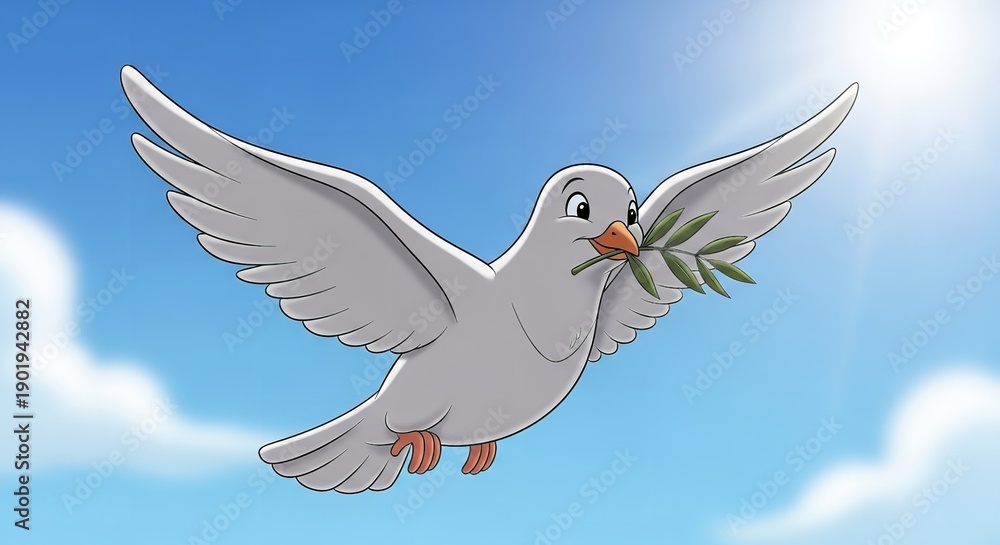 Obraz premium A white dove flies in a blue sky with a green branch