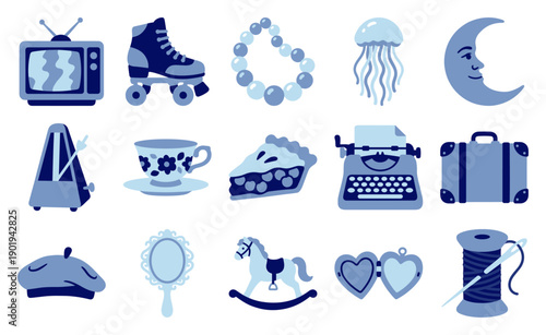 Two-Tone Blue Flat Vector Vintage Nostalgia Element Kit for Whimsical Scrapbooking and Retro Design