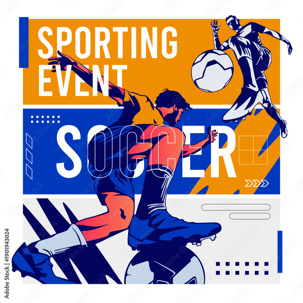 Obraz premium Professional soccer player silhouette in powerful action. Dynamic athletic poster for soccer tournament, football championship celebration, and sports motivation on vibrant multi-panel background.
