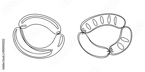 sausage rings continuous one line drawing, ring sausage line vector doodle simple icon, Traditional sausage ring in flat style. Salami design for culinary, barbecue or market. Isolated on white back. 