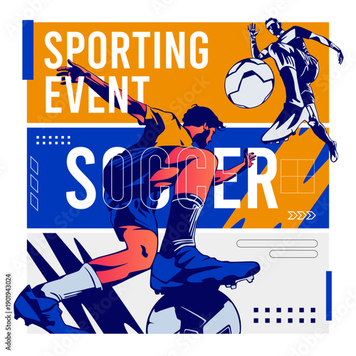 Professional soccer player silhouette in powerful action. Dynamic athletic poster for soccer tournament, football championship celebration, and sports motivation on vibrant multi-panel background.