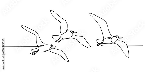 Seagulls Flying Against continuous one line drawing, Elegant minimalist line art illustration of a seagull in soaring flight motion on a pristine white, Continuous line art drawing of a flying bird.
