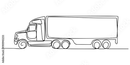 Semi Truck One Line Sketch. Side view illustration of a logistics truck with a trailer, continuous line of american trailer truck with chimney pipe.one line drawing vector of american semi truck. pro.
