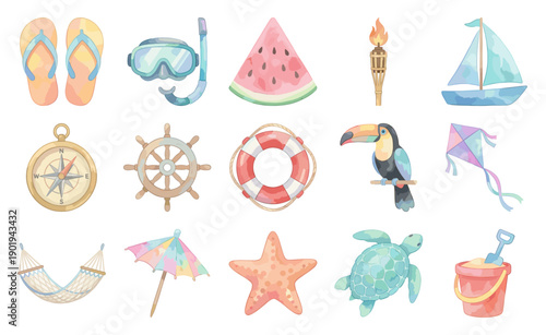 Watercolor Summer Vacation Nautical Clip Art Element Kit for Tropical Travel and Coastal Branding