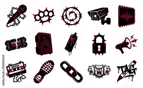 Aggressive Punk Underground Graphic Element Kit for Hardcore Music and Streetwear Design
