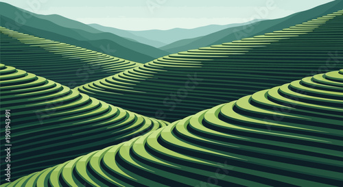 Lush green terraced hills landscape illustration showing layered agricultural fields flowing across rolling mountains, creating a peaceful rural scenery ideal for nature backgrounds, farming concepts,