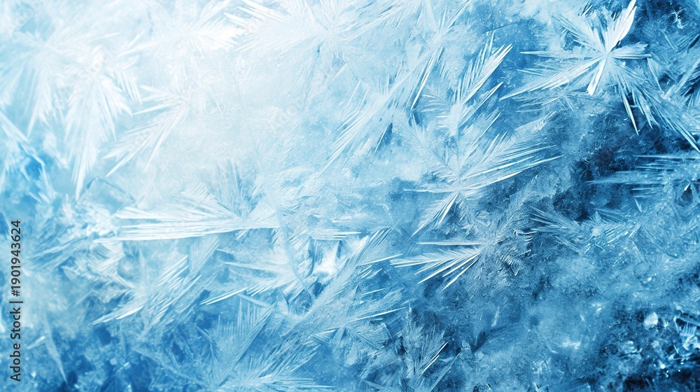 Obraz premium Close-up of ice textures and ice crystals on a blue background, showcasing exquisite frozen patterns, perfect as a wallpaper with a cool winter atmosphere.