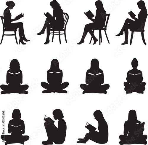 Silhouettes of people reading books in various sitting positions