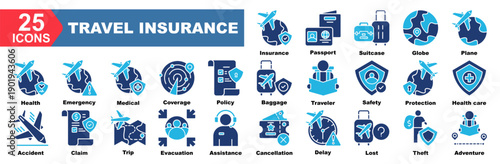 travel insurance icon collection set.Passport,Suitcase,Globe,Plane,Health,Emergency,Medical.Simple vector illustration.