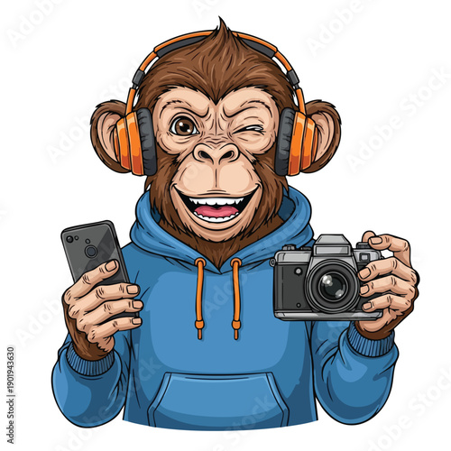 Cool Monkey Photographer with Headphones and Camera.