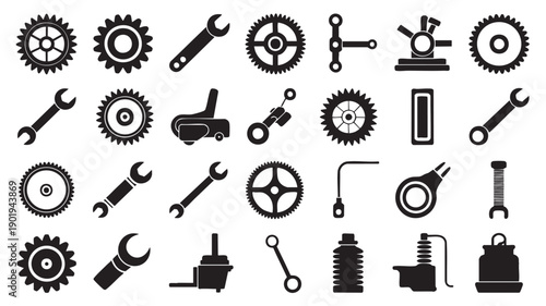 Black Industrial Tools and Gears Icons on White Background