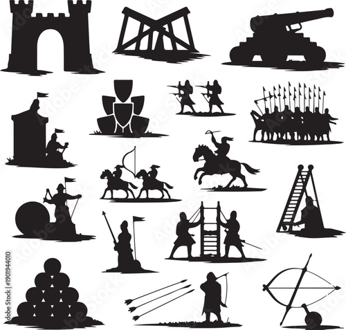 Medieval warfare silhouettes with soldiers and fortifications in various battle scenes