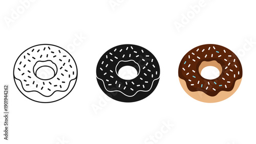 Three donuts with different toppings are shown side by side Vector