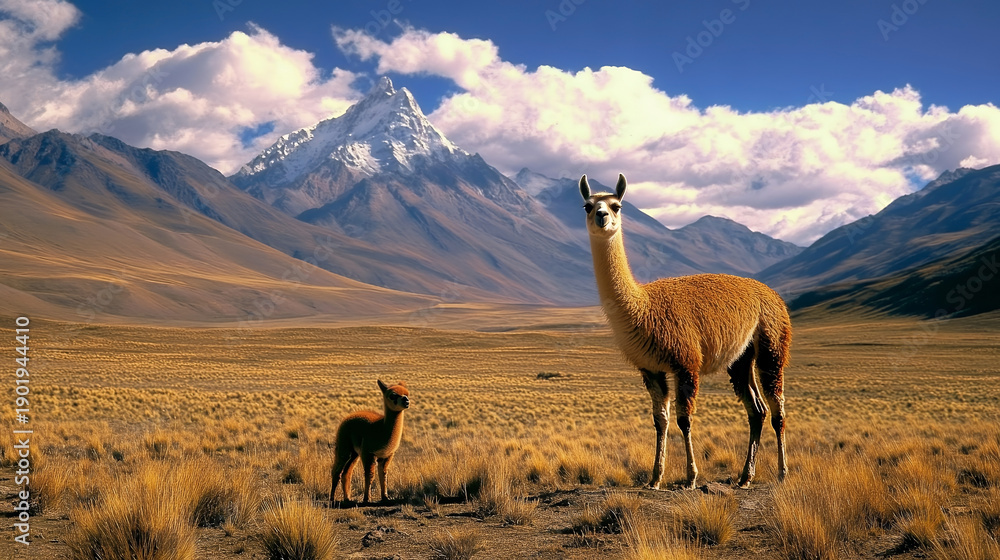 Fototapeta premium Two llamas stand in a vast mountain landscape under a bright sky, embodying the wilderness and freedom of the Andes