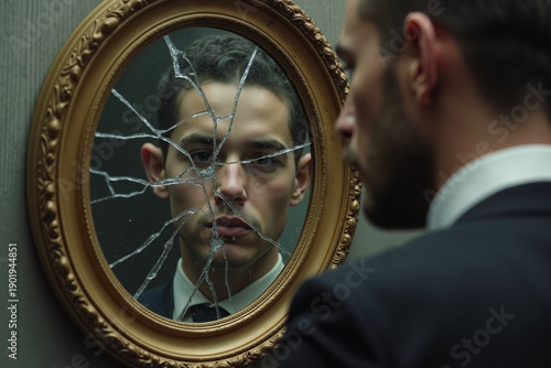 Man looking at broken mirror reflecting serious expression  