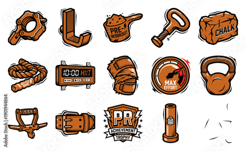 Vintage Hand-Drawn Gym Gear Graphic Element Kit for Powerlifting and Strength Training Commercial Projects