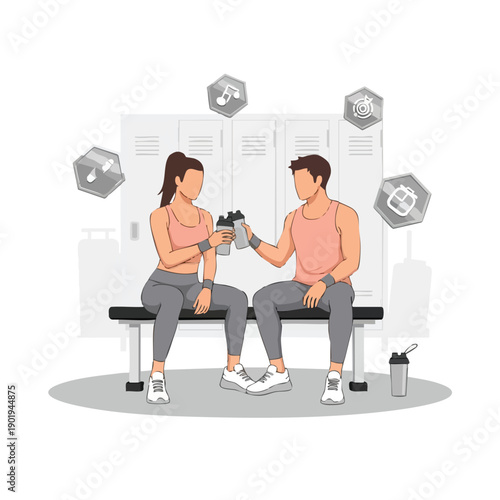 Couple in gym attire toasting with protein shakers after a workout.
