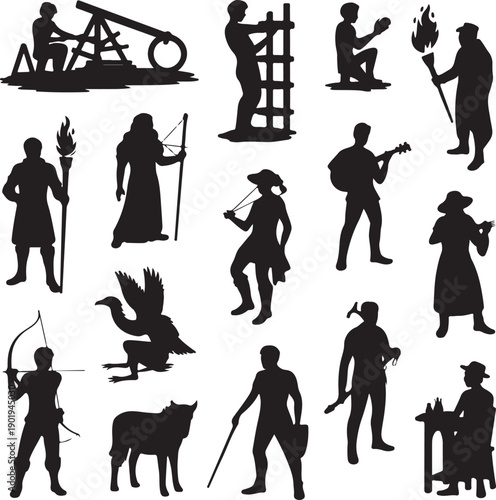 set of medieval people and animals in silhouette on white background