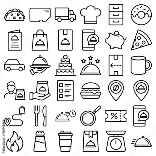 Food delivery and restaurant service line icon set. Vector pictograms of chef hat, pizza, burger, delivery truck, smartphone app, coffee, menu, and kitchenware, thin outline illustration.